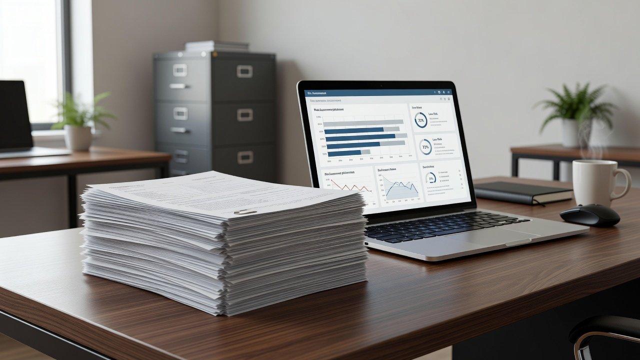 Insurance application documents and a laptop displaying a vendor risk assessment on a desk