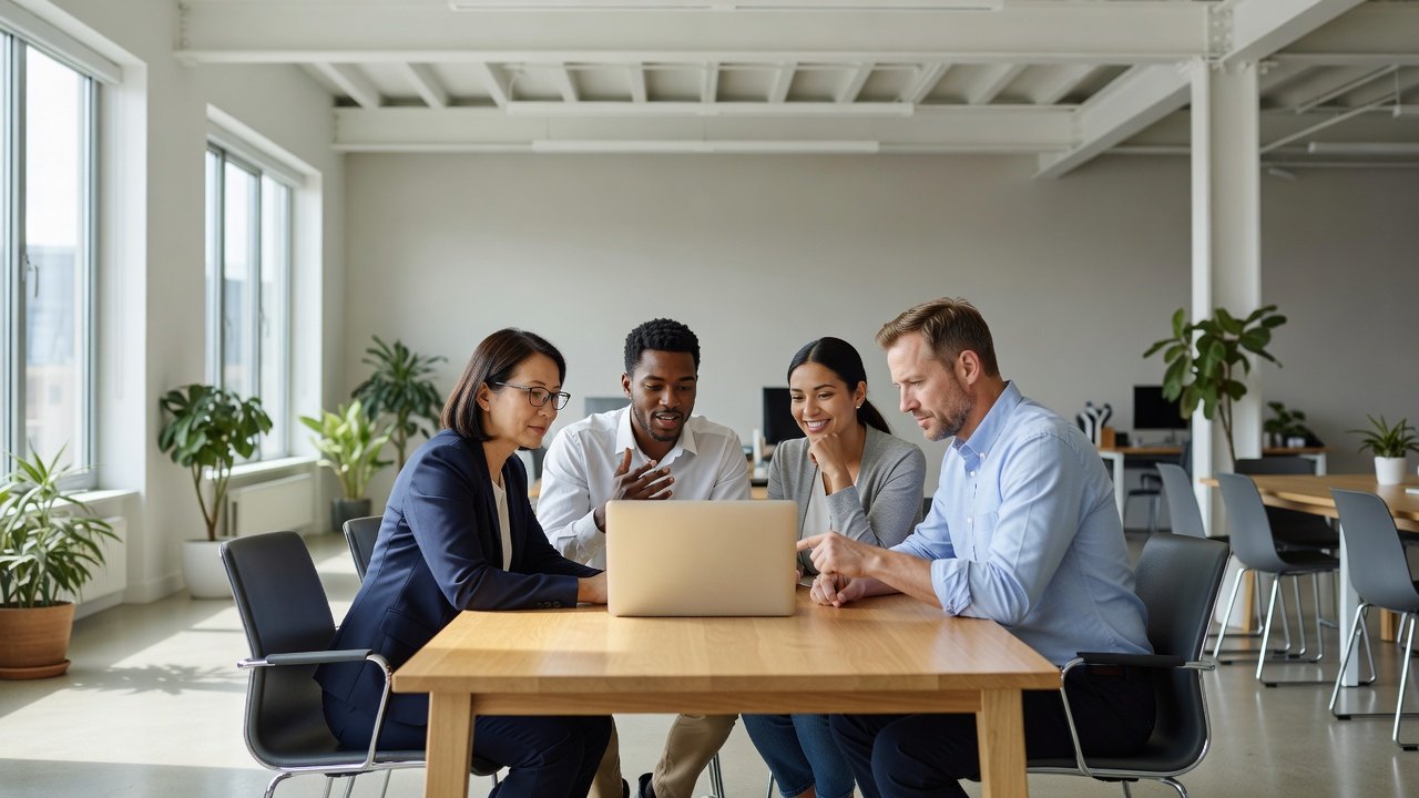 Small distributed team collaborating over a video call in a bright mid-market office