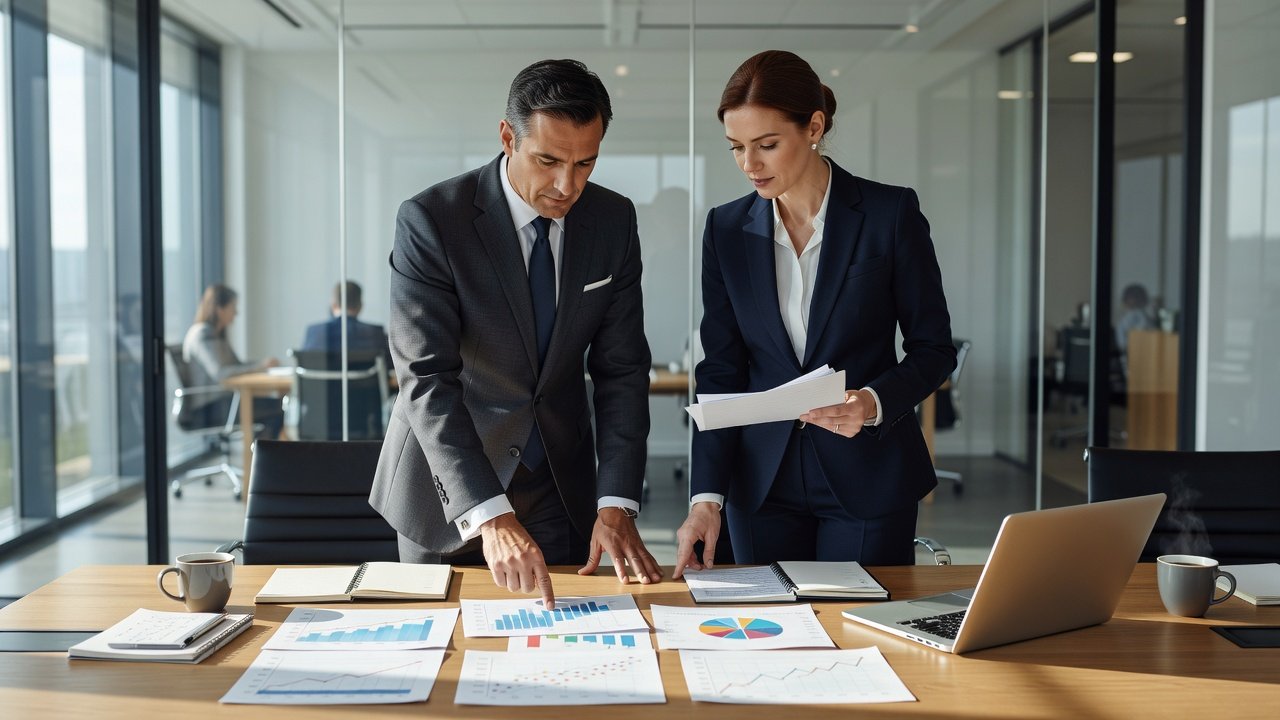 Two professionals reviewing merger documentation and financial charts across a conference table