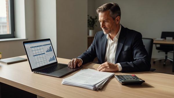 Operator reviewing a software spend spreadsheet on a laptop with contract documents on the desk